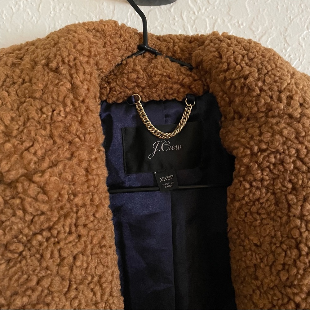 J. Crew Sherpa teddy trench coat jacket XXS petite warm brandy tan - Picture 7 of 9
